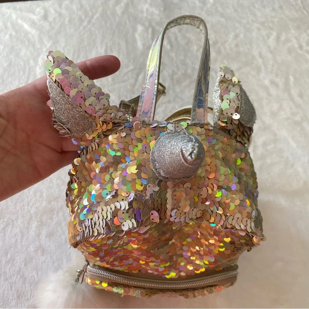 Justice‎ Mini Backpack Sequin Unicorn M with Pom Pom Gold White Silver